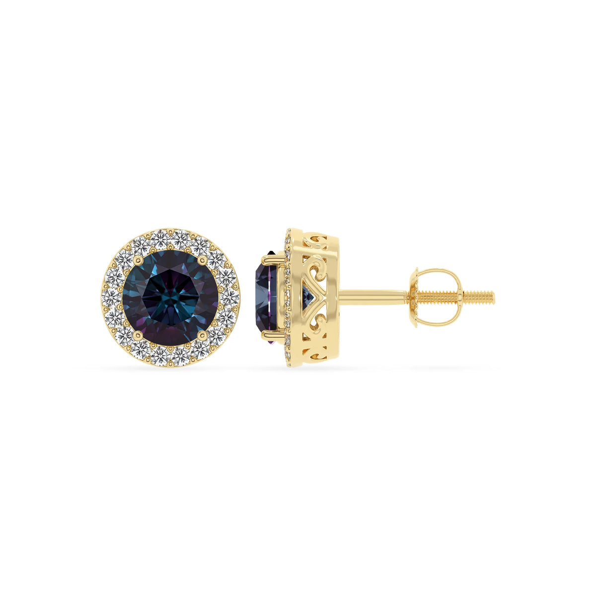 lab grown alexandrite round stud earrings in yellow gold 