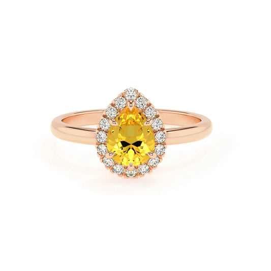lab grown yellow-sapphire pear solitaire rings in rose gold 