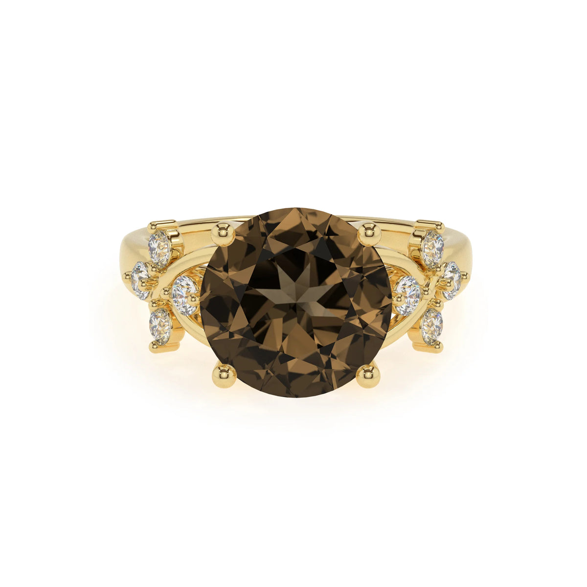 natural smoky-quartz round solitaire rings in yellow gold 