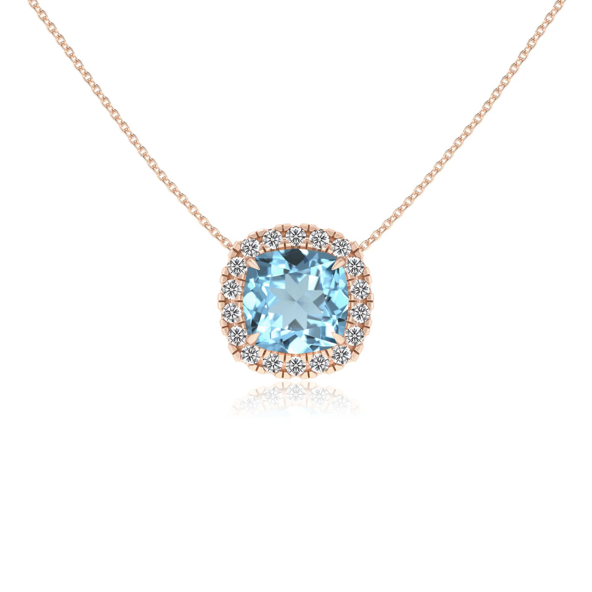 lab grown aquamarine cushion solitaire necklaces in rose gold 