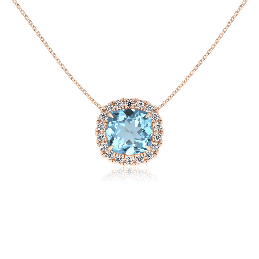 lab grown aquamarine cushion solitaire necklaces in rose gold 