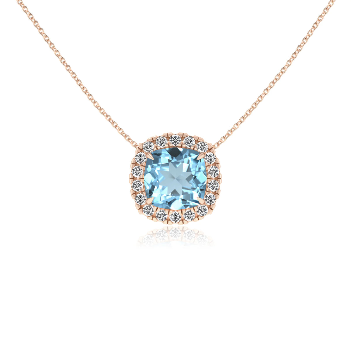 lab grown aquamarine cushion solitaire necklaces in rose gold 