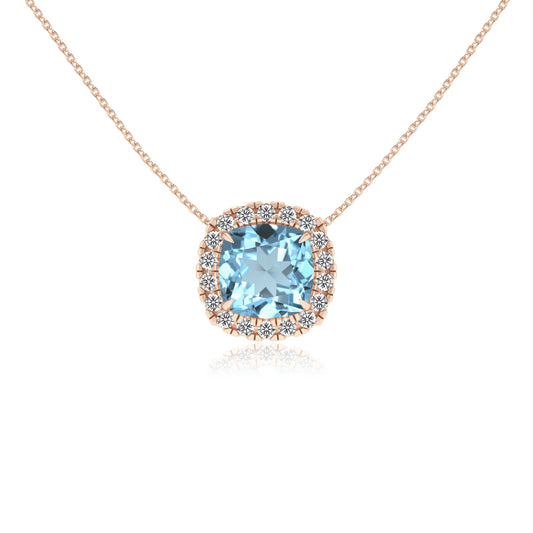 lab grown aquamarine cushion solitaire necklaces in rose gold 