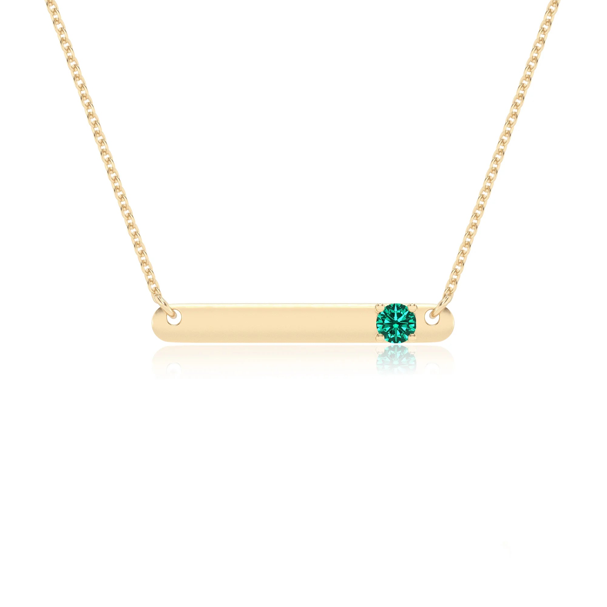 lab grown emerald round bar v-bale necklaces in yellow gold 