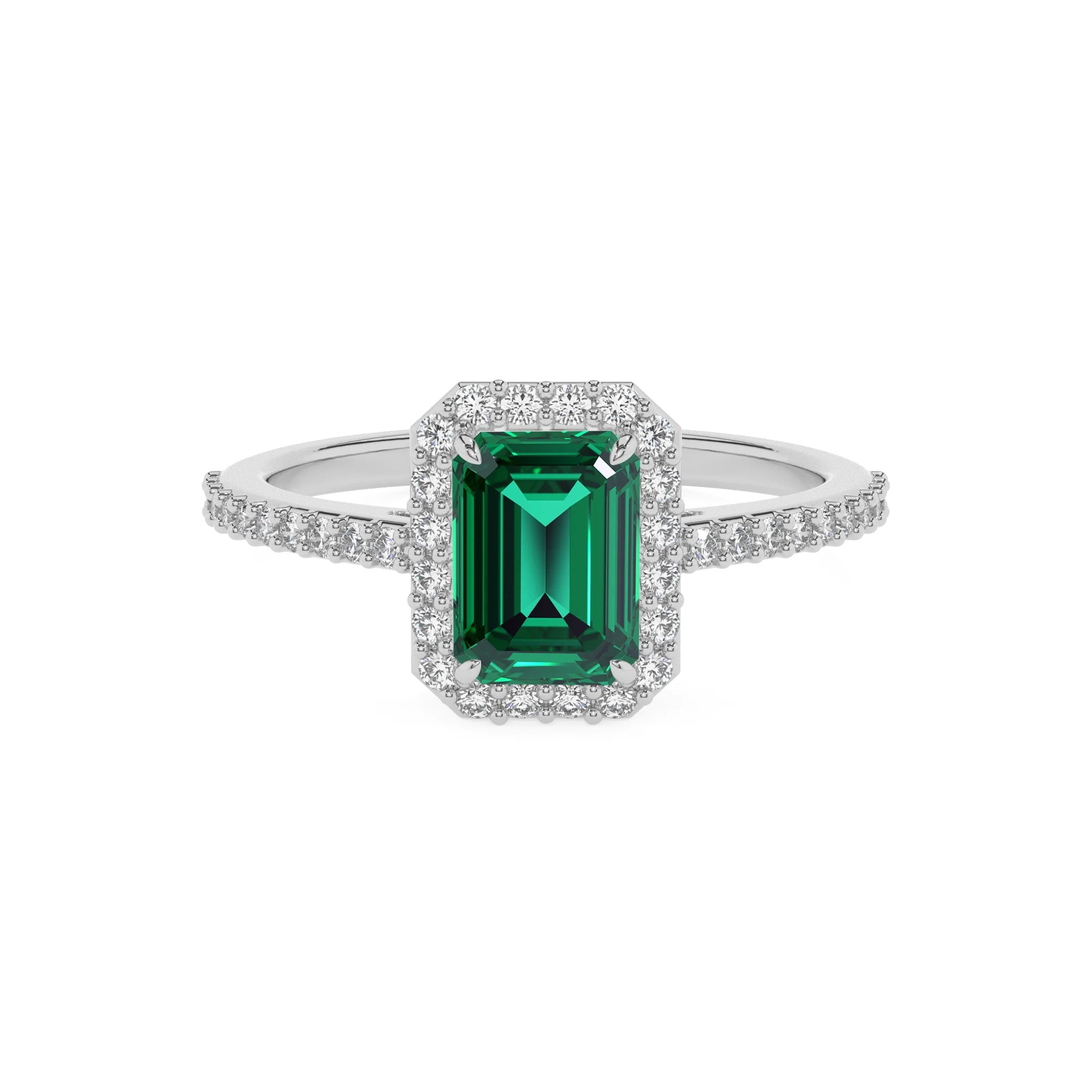 lab grown emerald octogon cut solitaire rings in platinum 