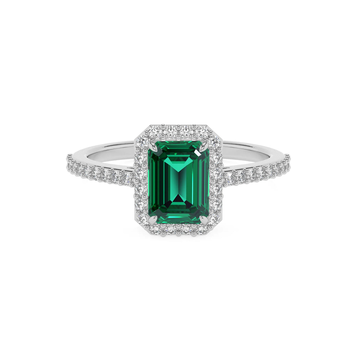 lab grown emerald octogon cut solitaire rings in platinum 