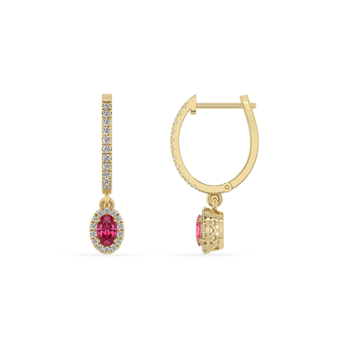 lab grown pink tourmaline oval drop earrings in yellow gold 