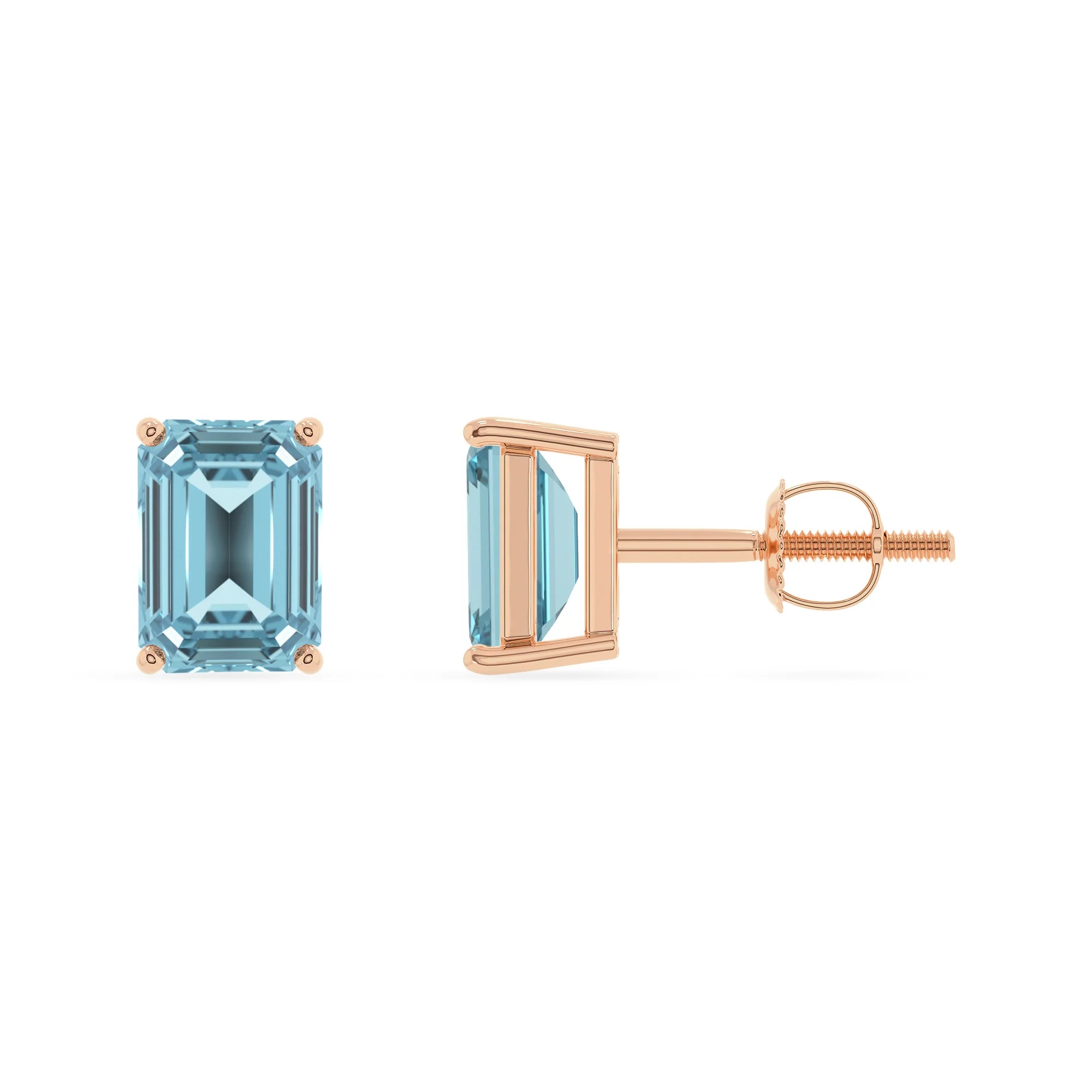 lab grown aquamarine emerald cut stud earrings in rose gold 