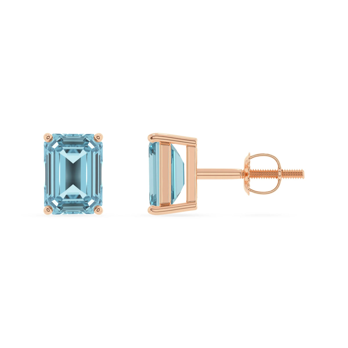 lab grown aquamarine emerald cut stud earrings in rose gold 