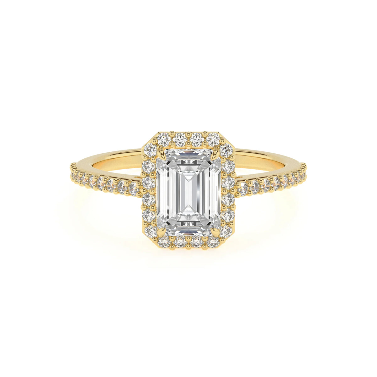 lab grown moissanite emerald cut solitaire rings in yellow gold 