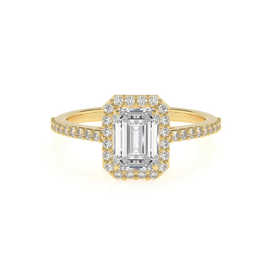 lab grown moissanite emerald cut solitaire rings in yellow gold 