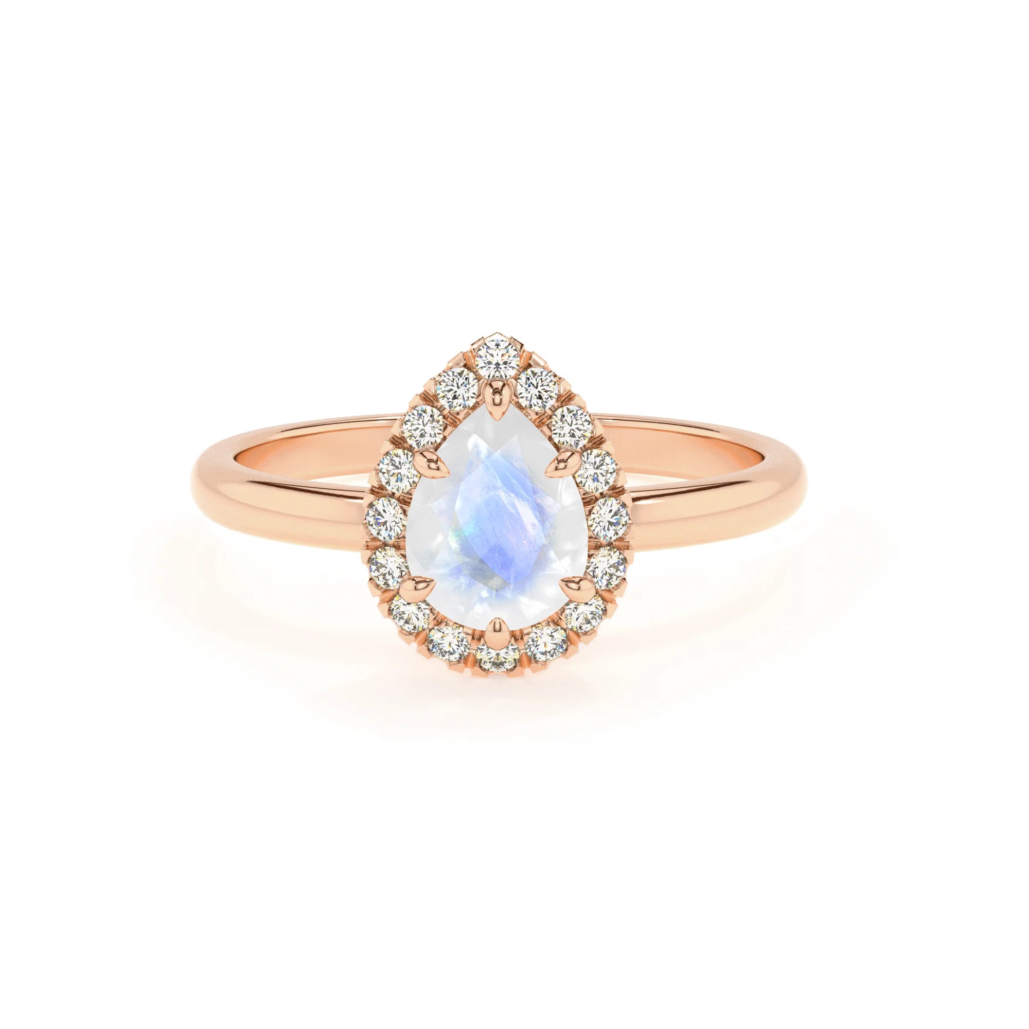 natural rainbow-moonstone pear solitaire rings in rose gold 