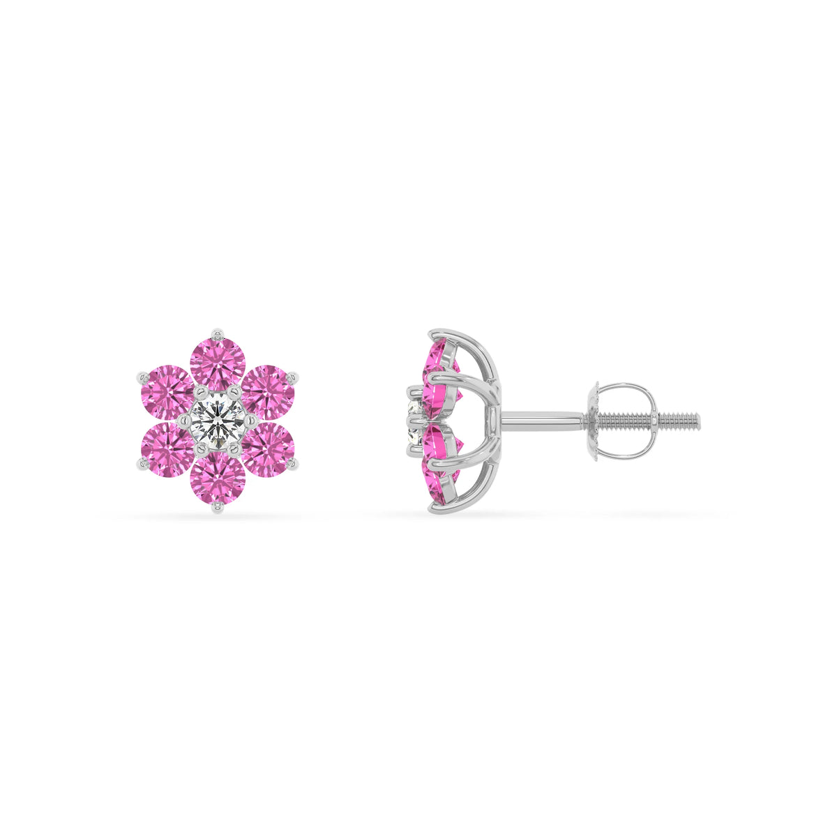 Lab Grown Pink Sapphire Round Stud Earrings with Diamond