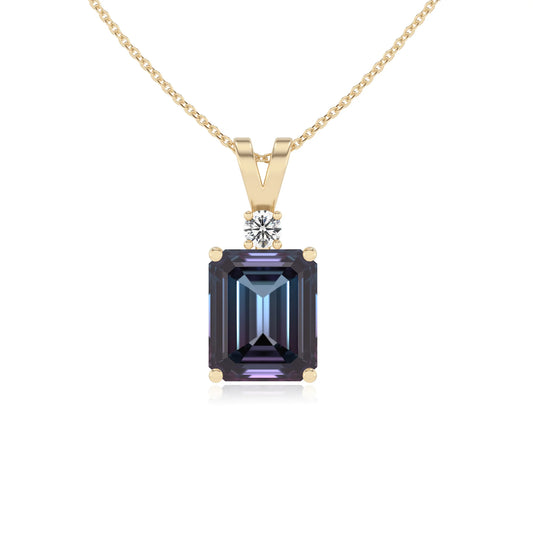 lab grown alexandrite emerald cut solitaire v-bale necklaces in yellow gold 