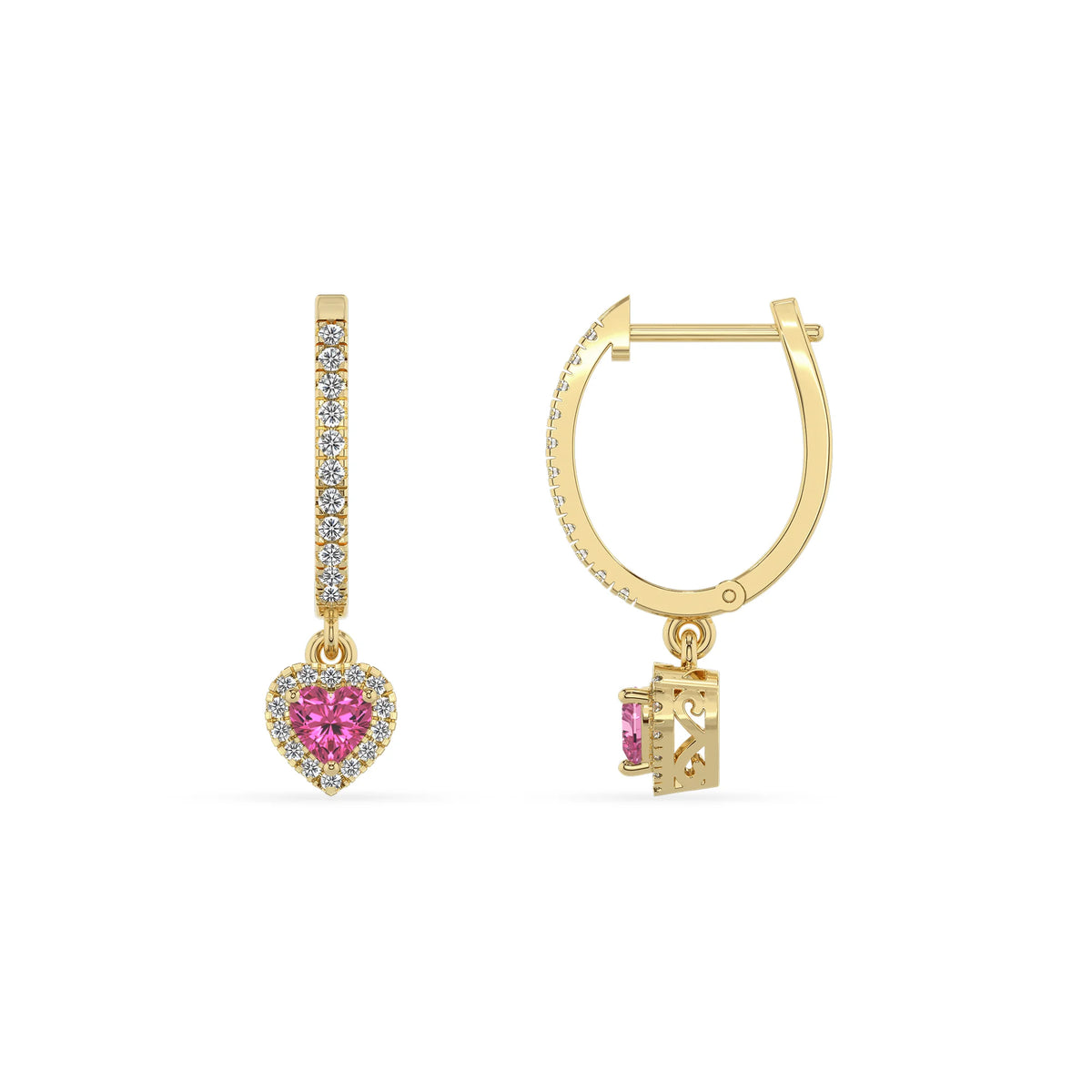 lab grown pink sapphire heart drop earrings in yellow gold 