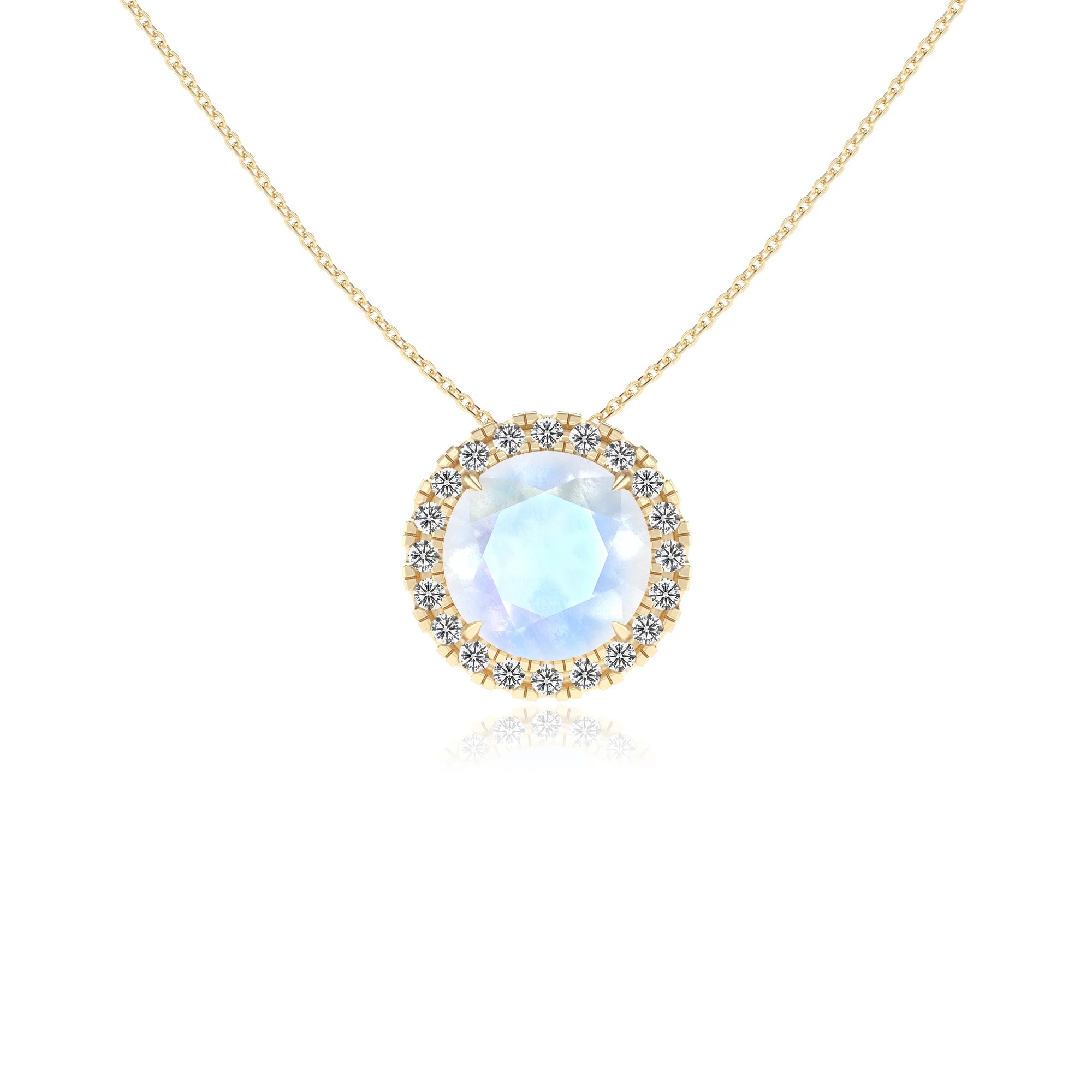 natural rainbow moonstone round solitaire necklaces in yellow gold 
