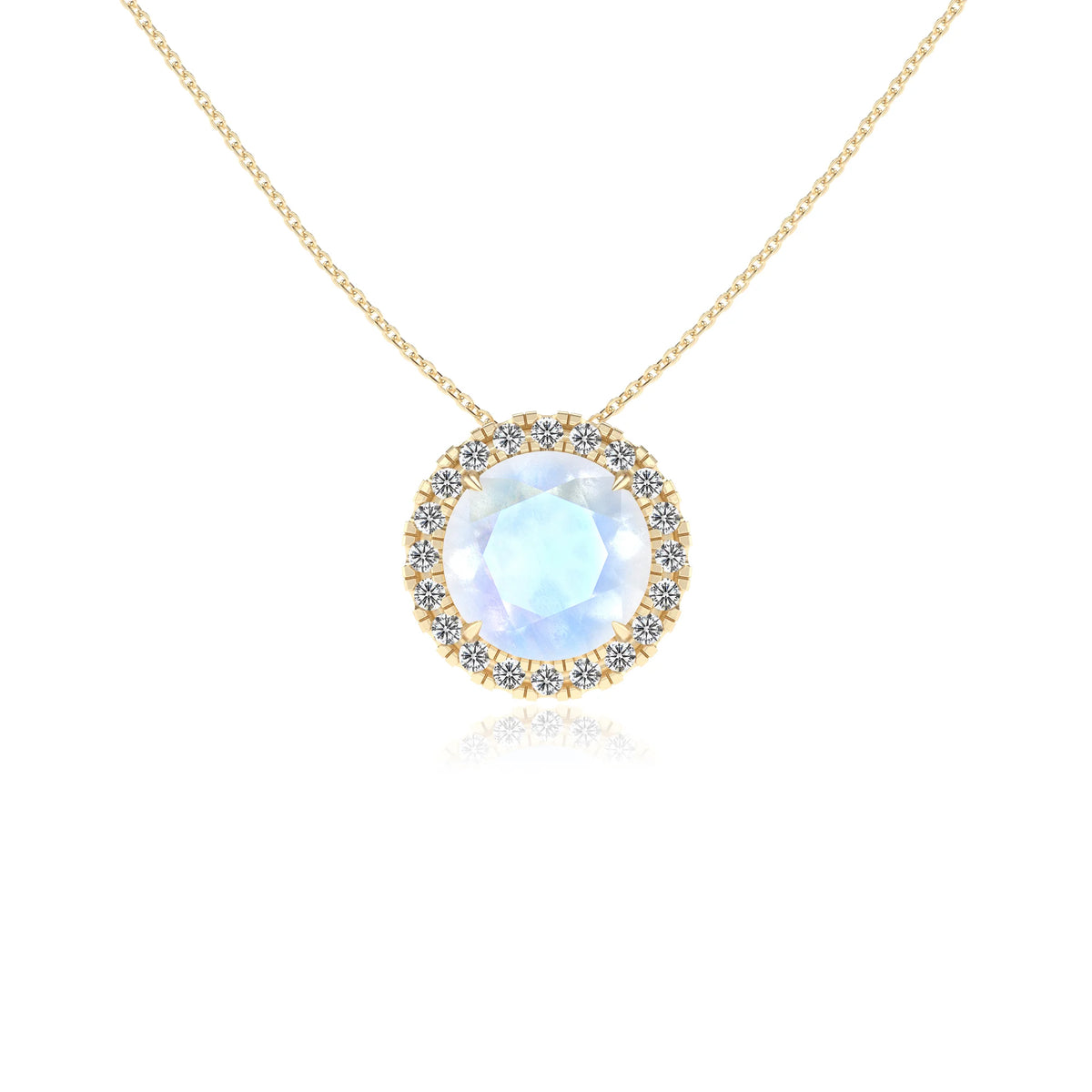 natural rainbow moonstone round solitaire necklaces in yellow gold 
