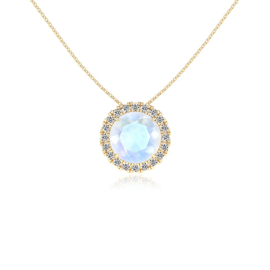 natural rainbow moonstone round solitaire necklaces in yellow gold 