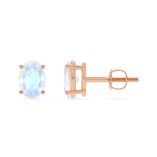 natural rainbow moonstone oval stud earrings in rose gold 