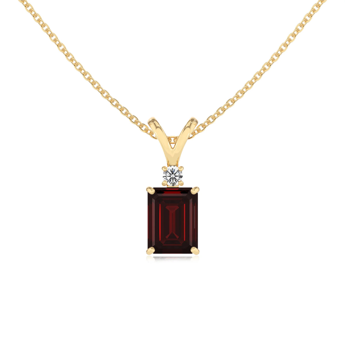natural garnet emerald cut solitaire v-bale necklaces in yellow gold 