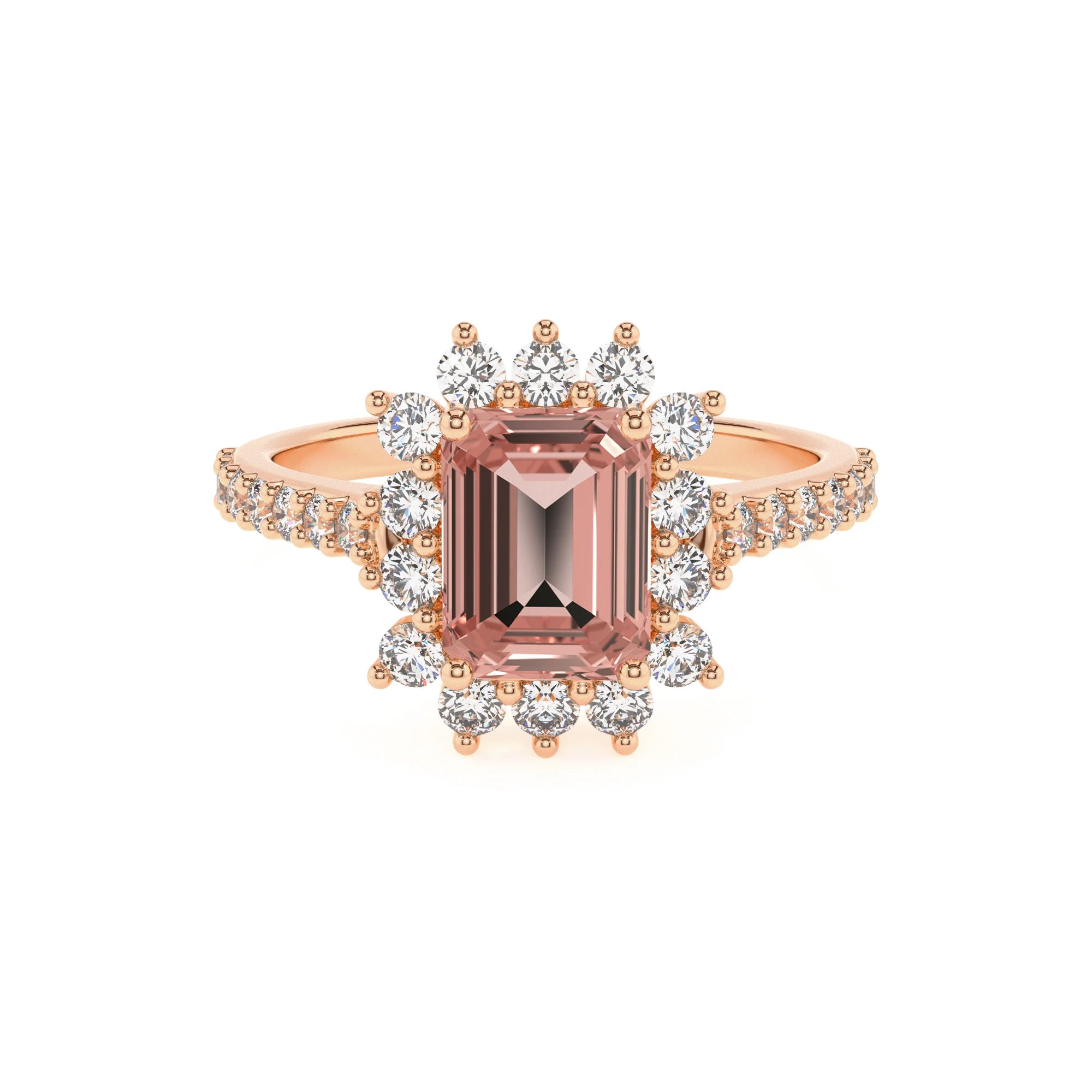 lab grown morganite emerald cut solitaire rings in rose gold 