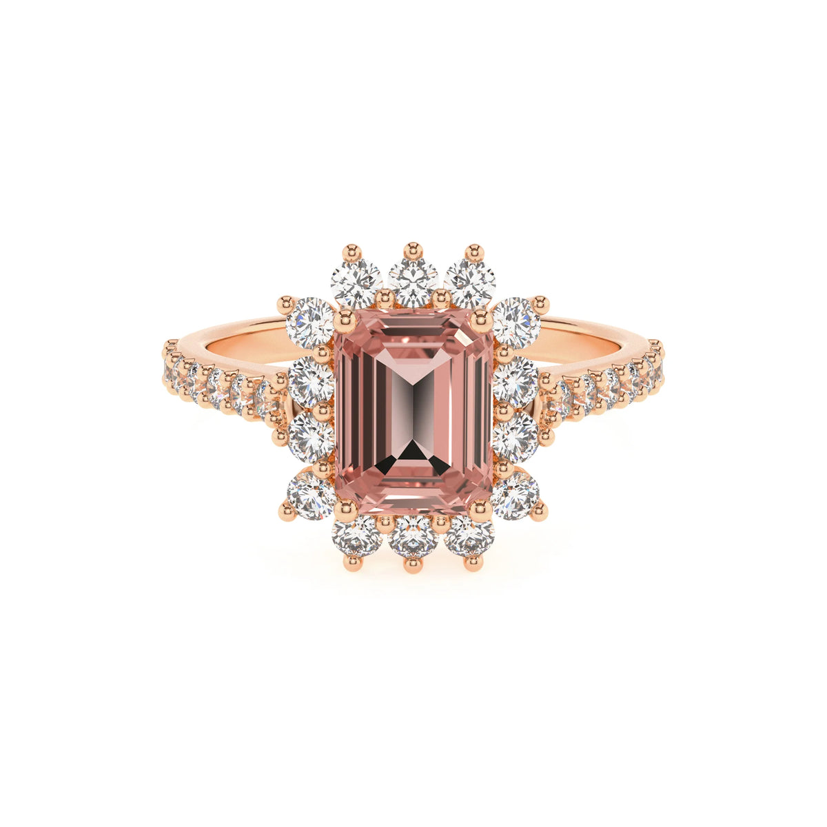 lab grown morganite emerald cut solitaire rings in rose gold 