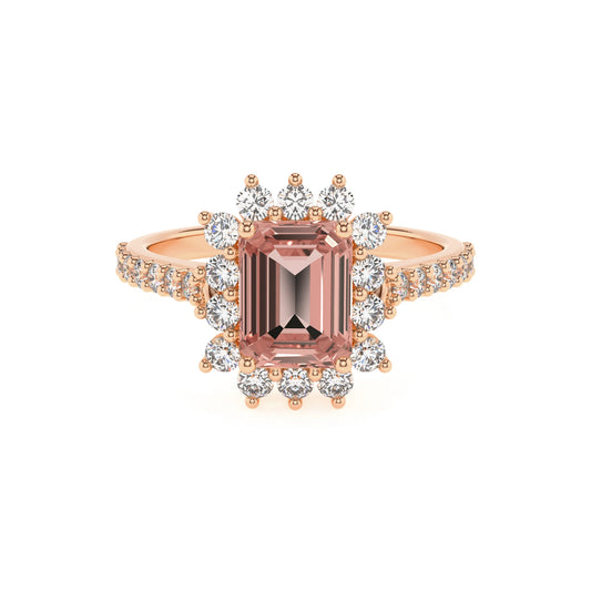 lab grown morganite emerald cut solitaire rings in rose gold 