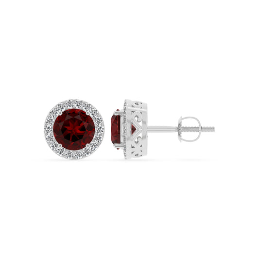 natural garnet round stud earrings in white gold 
