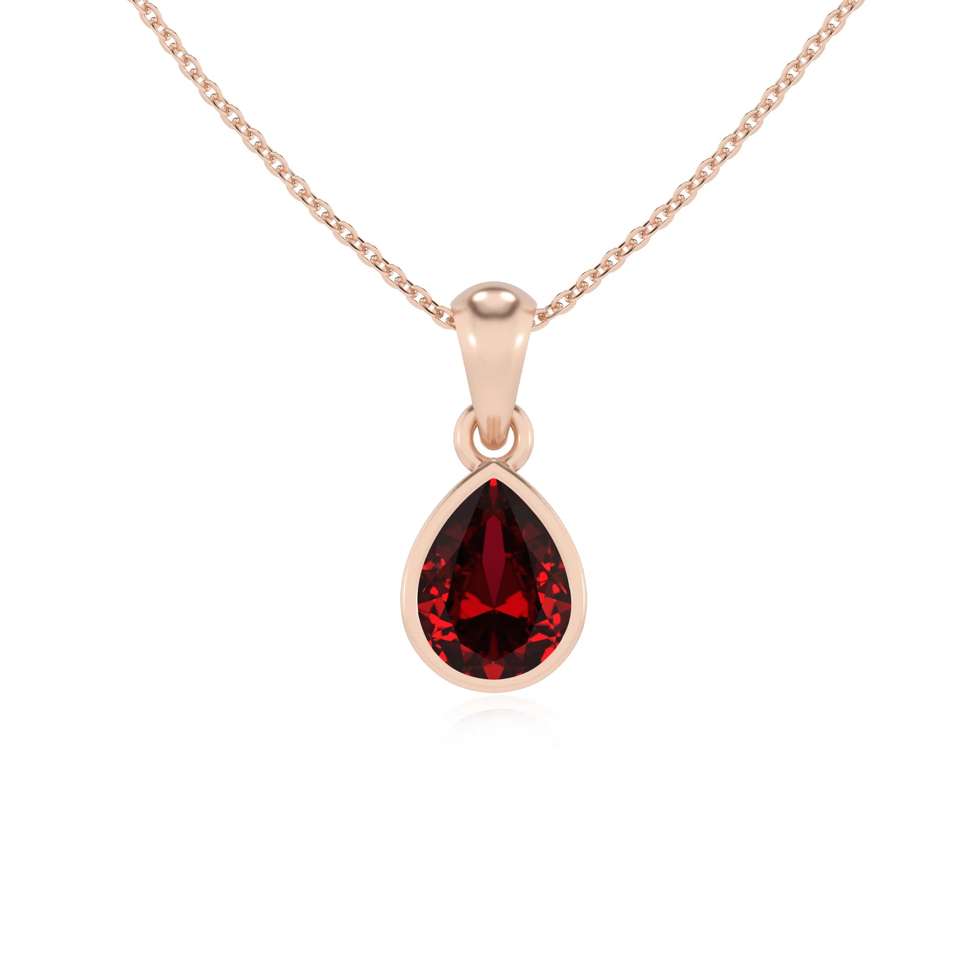 lab grown ruby pear solitaire necklaces in rose gold 