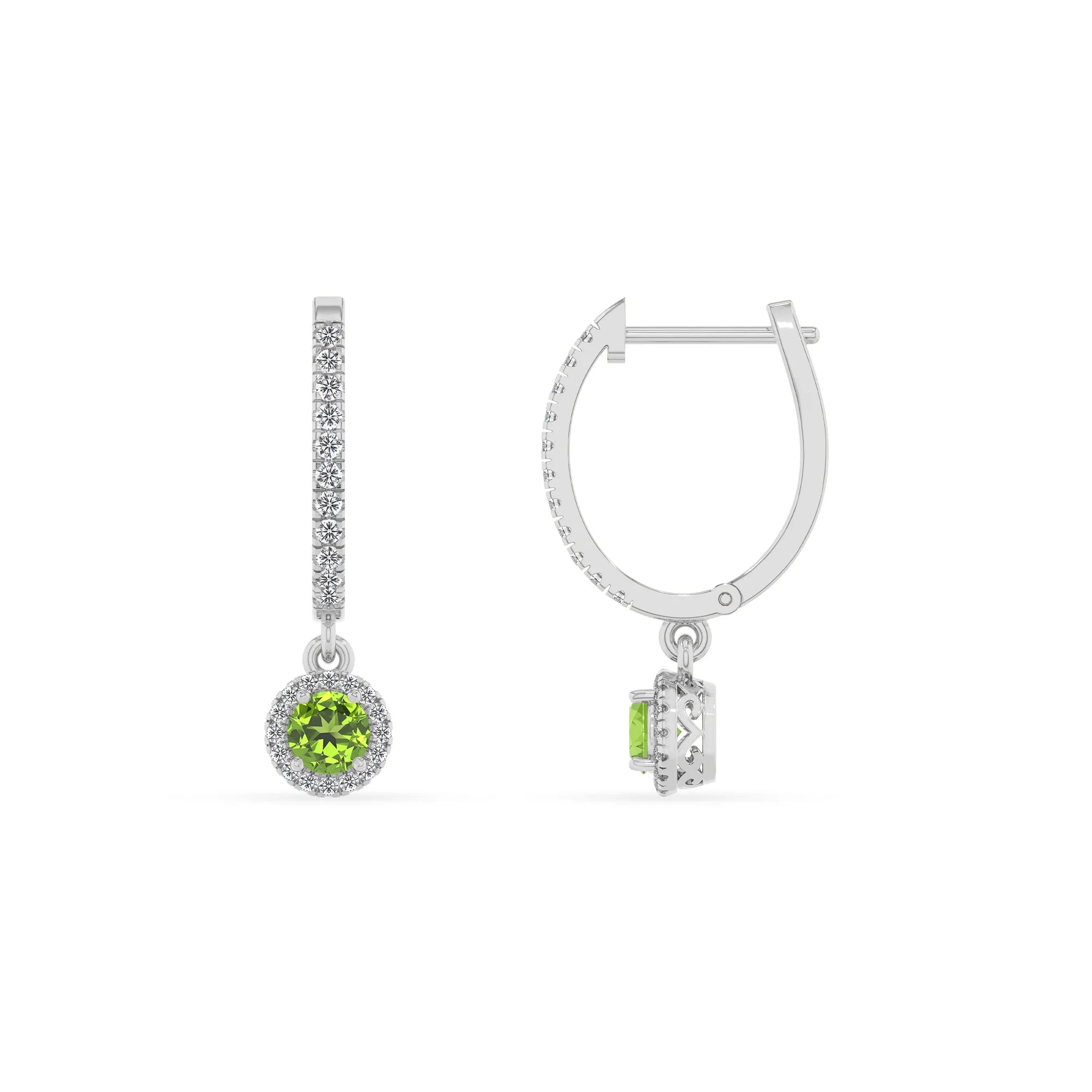 natural peridot round drop earrings in white gold 