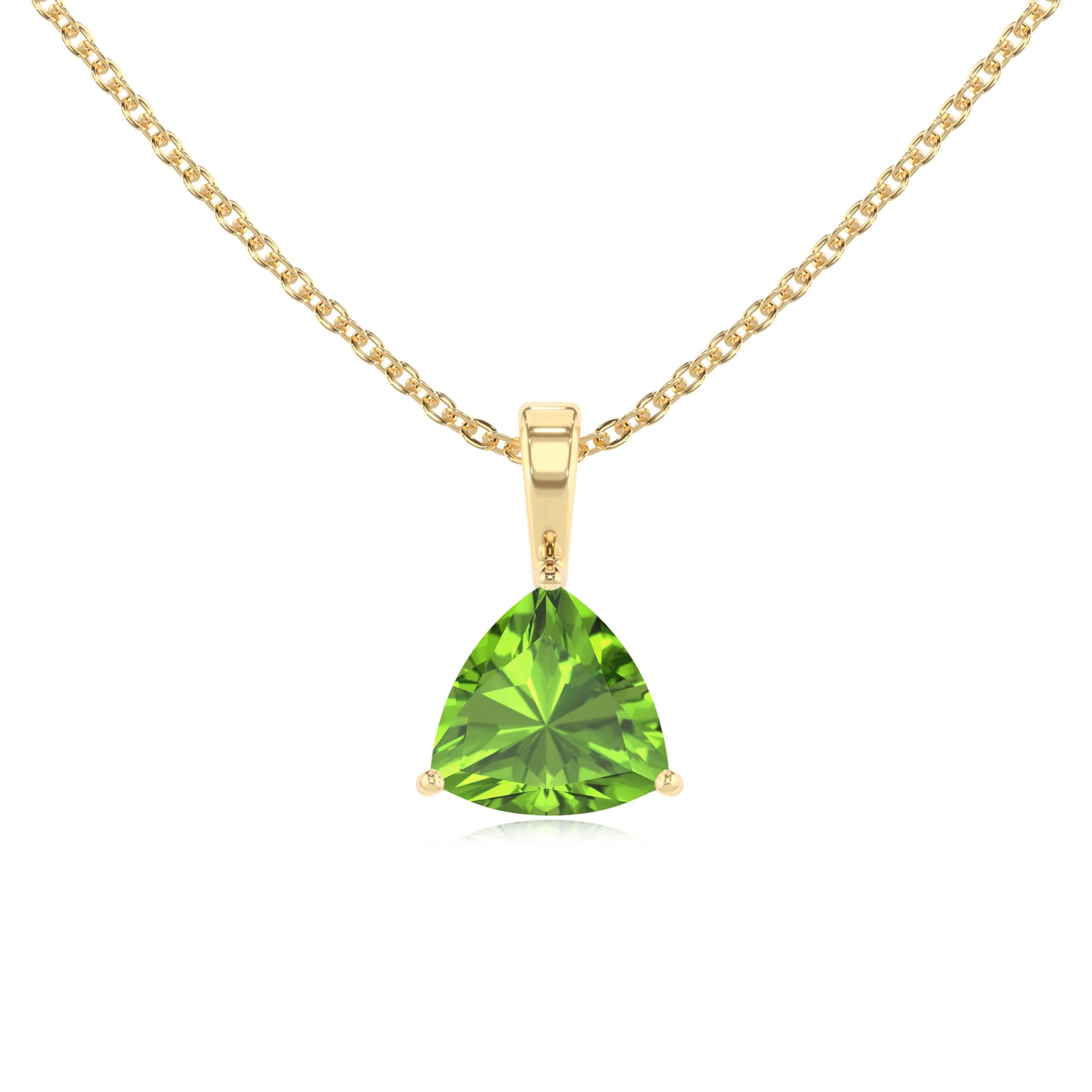 natural peridot trillion solitaire necklaces in yellow gold 