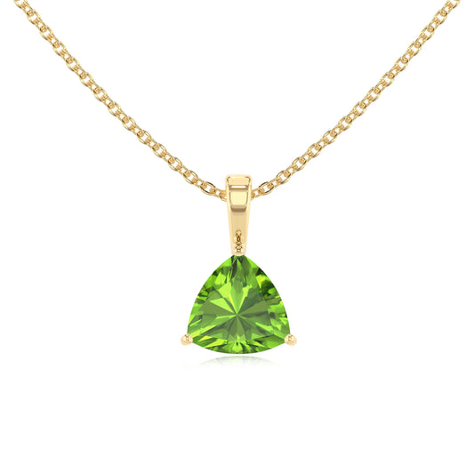 natural peridot trillion solitaire necklaces in yellow gold 