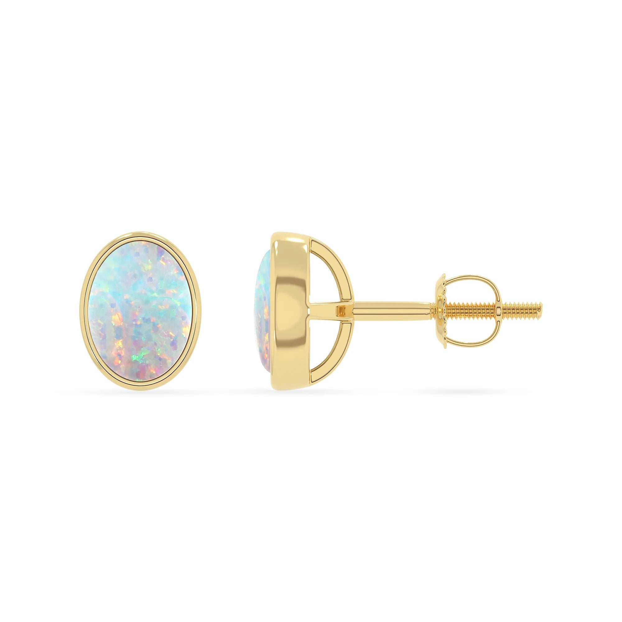 lab grown opal oval stud earrings in yellow gold 