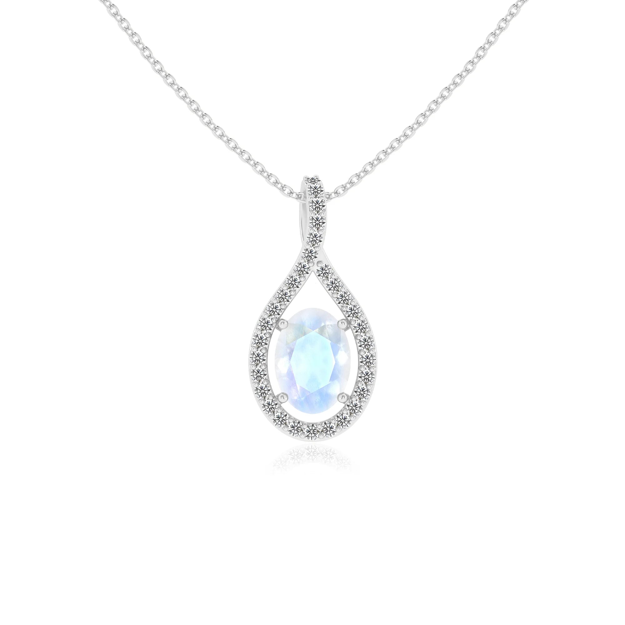 natural rainbow-moonstone oval solitaire necklaces in white gold 