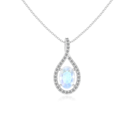 natural rainbow-moonstone oval solitaire necklaces in white gold 