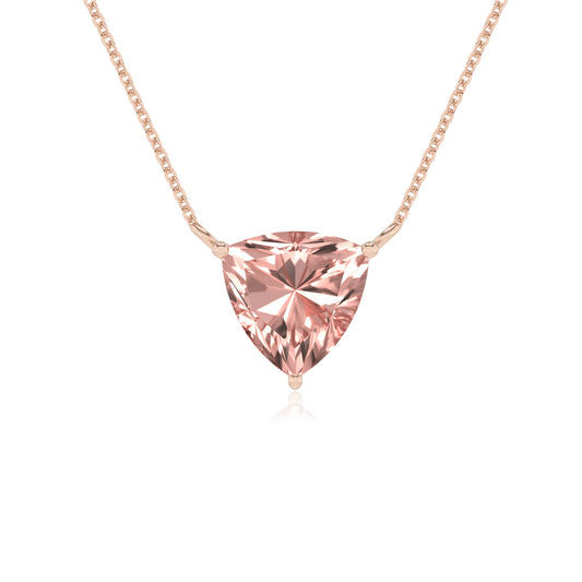 lab grown morganite trillion solitaire necklaces in rose gold 