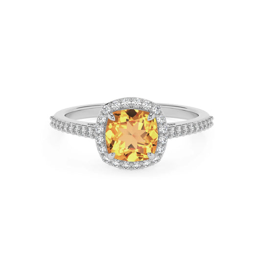 lab grown citrine cushion solitaire rings in white gold 