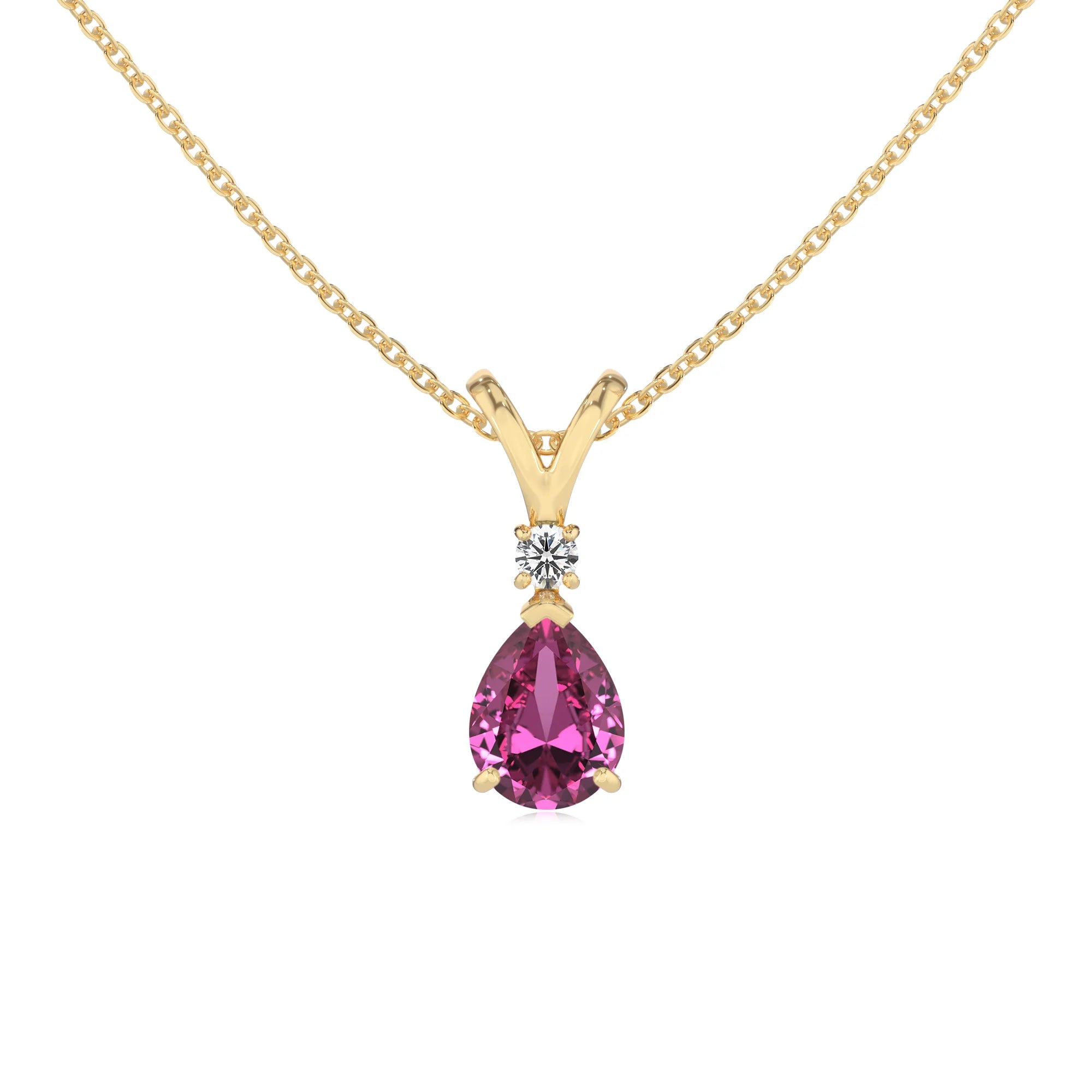 lab grown pink-sapphire pear solitaire v-bale necklaces in yellow gold 