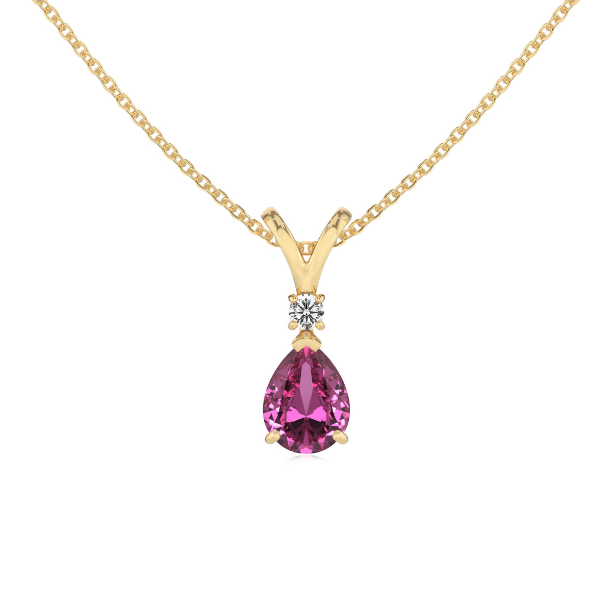 lab grown pink-sapphire pear solitaire v-bale necklaces in yellow gold 
