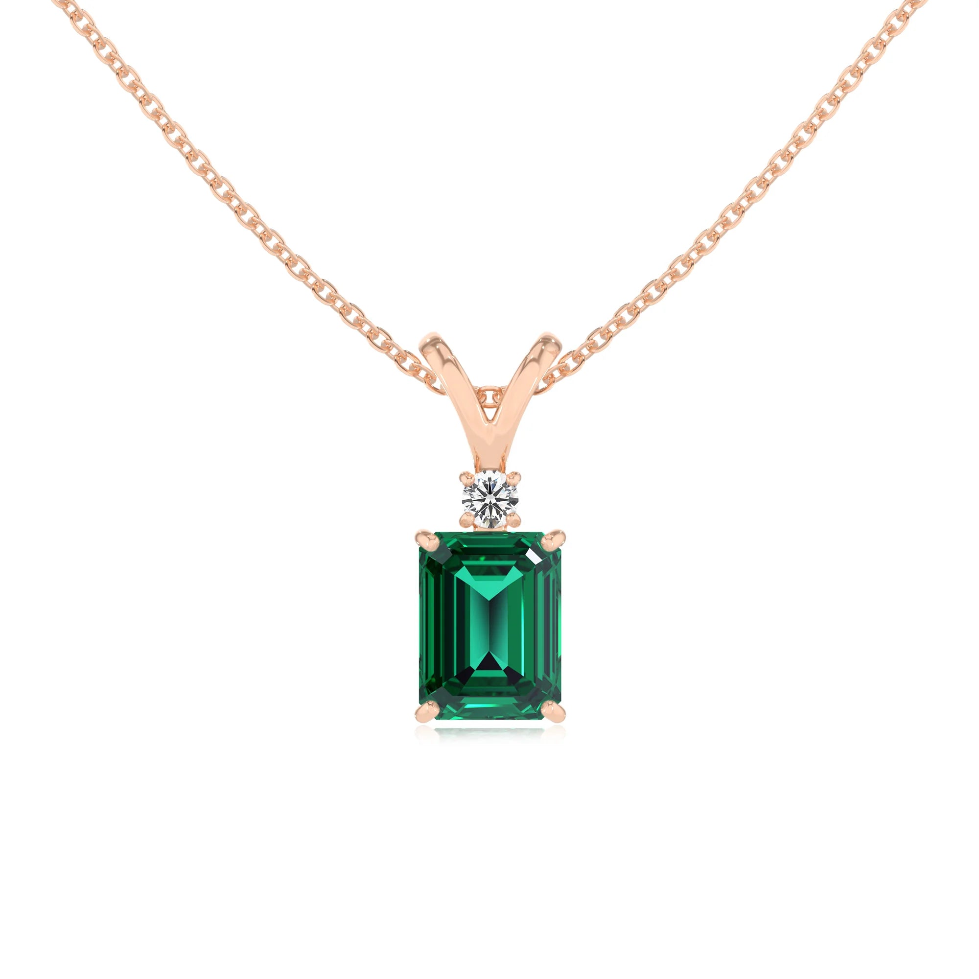 lab grown emerald octogon cut solitaire v-bale necklaces in rose gold 