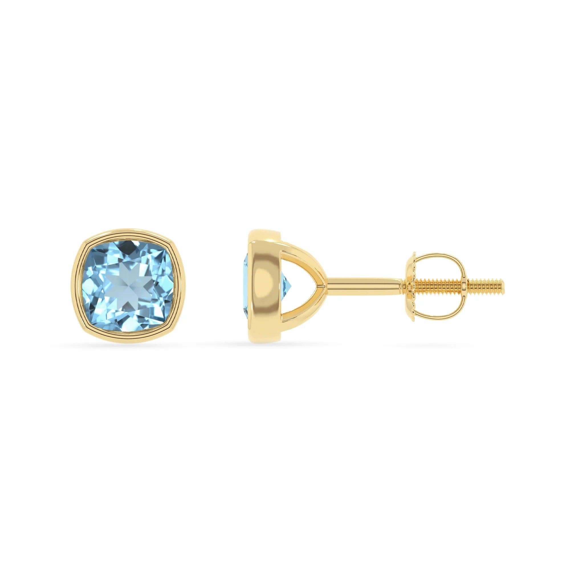 lab grown aquamarine cushion stud earrings in yellow gold 