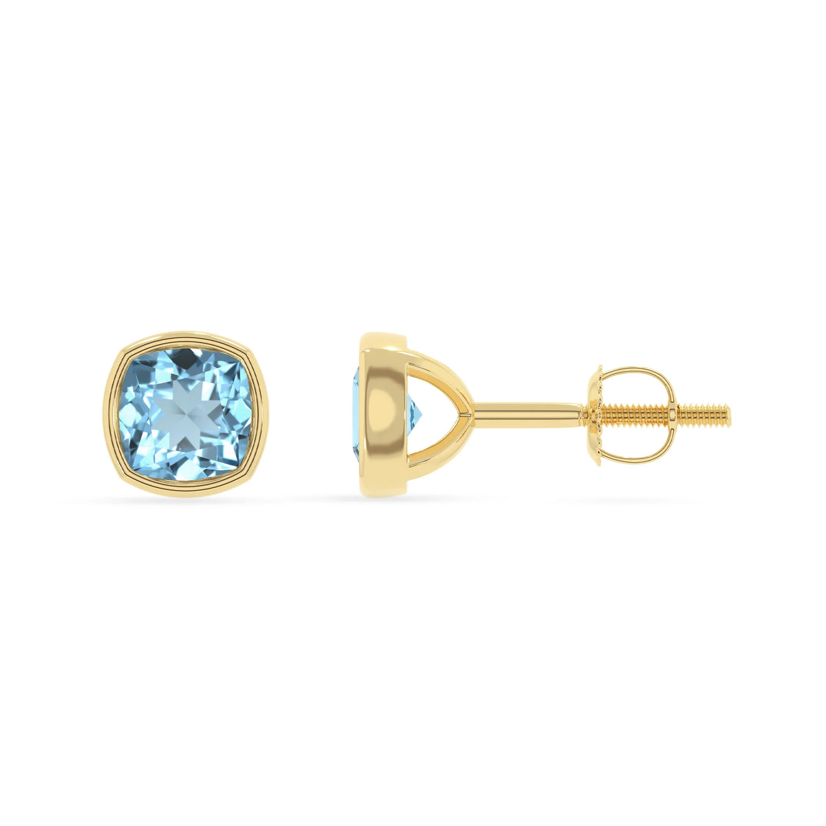 lab grown aquamarine cushion stud earrings in yellow gold 