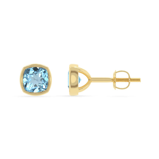 lab grown aquamarine cushion stud earrings in yellow gold 