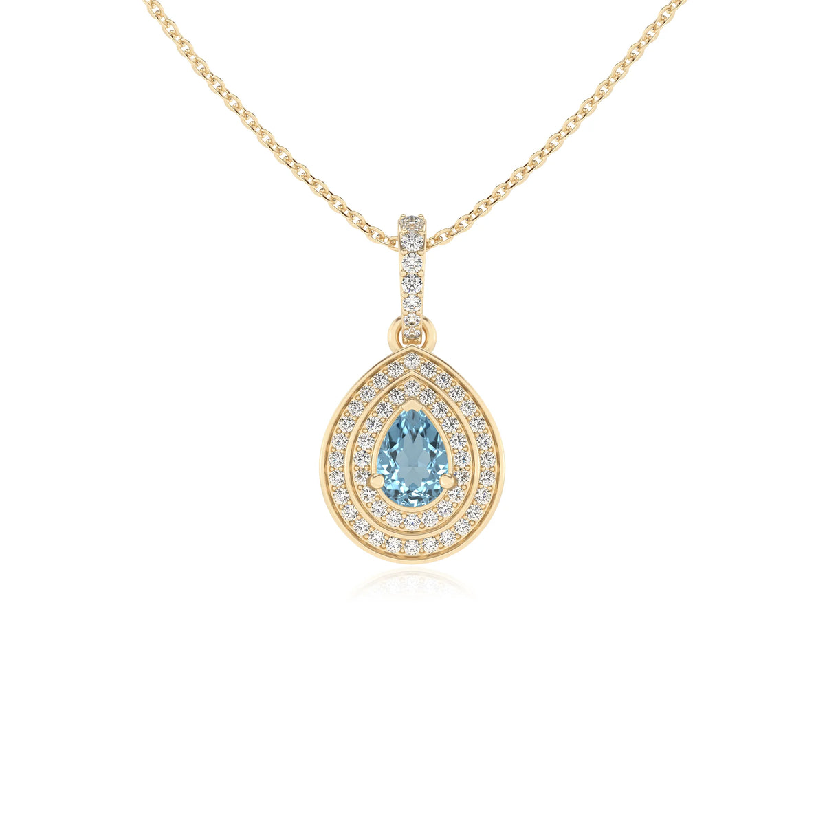 lab grown aquamarine pear halo necklaces in yellow gold 