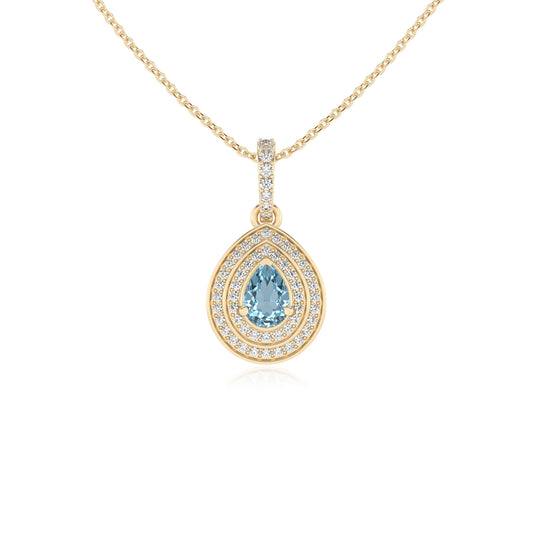 lab grown aquamarine pear halo necklaces in yellow gold 