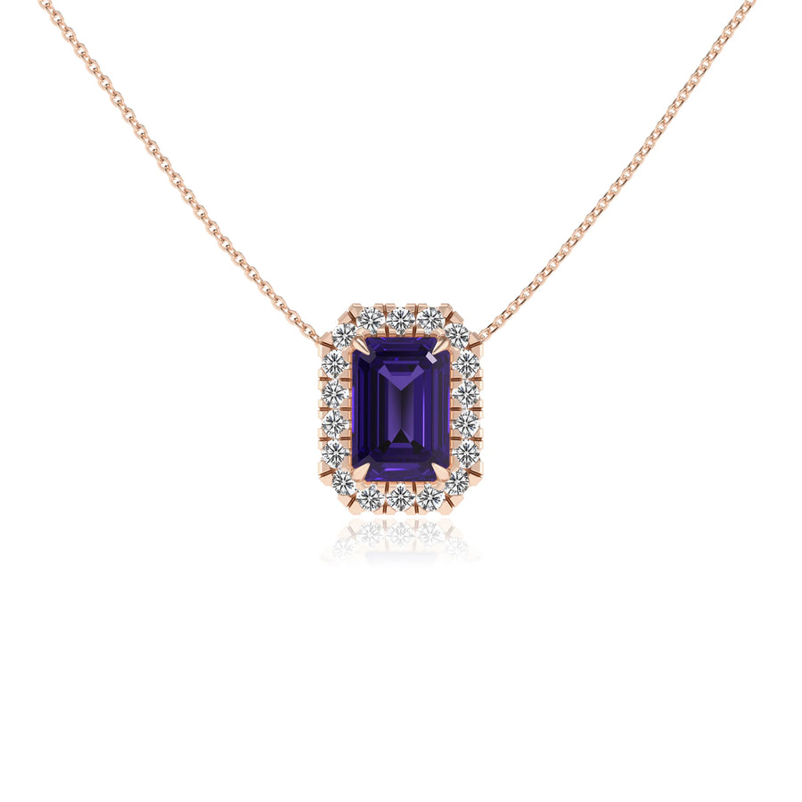 lab grown tanzanite emerald cut solitaire necklaces in rose gold 