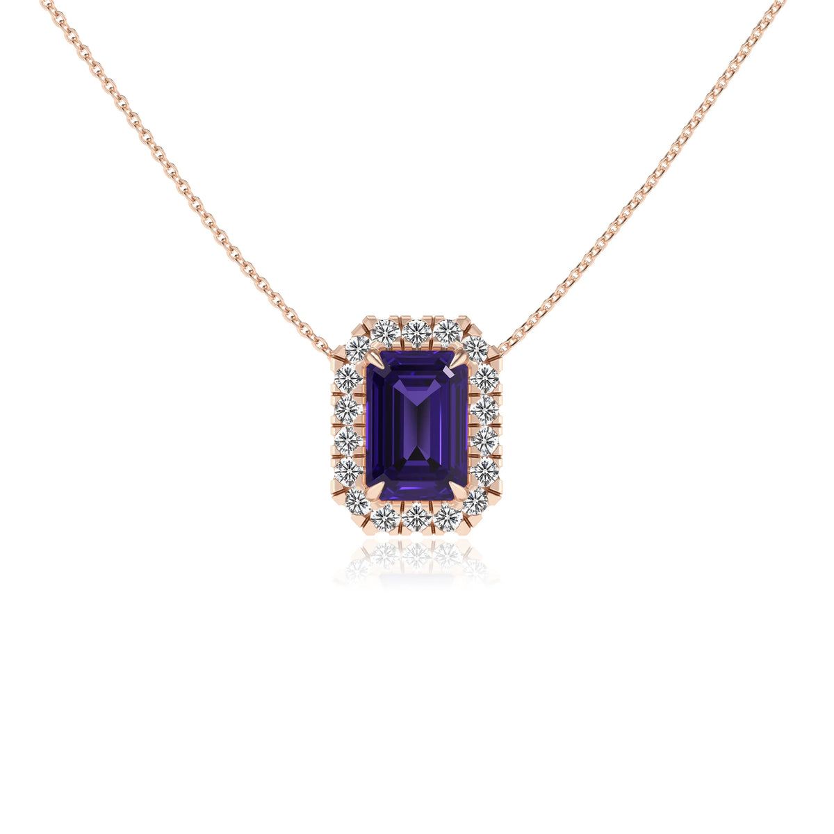 lab grown tanzanite emerald cut solitaire necklaces in rose gold 