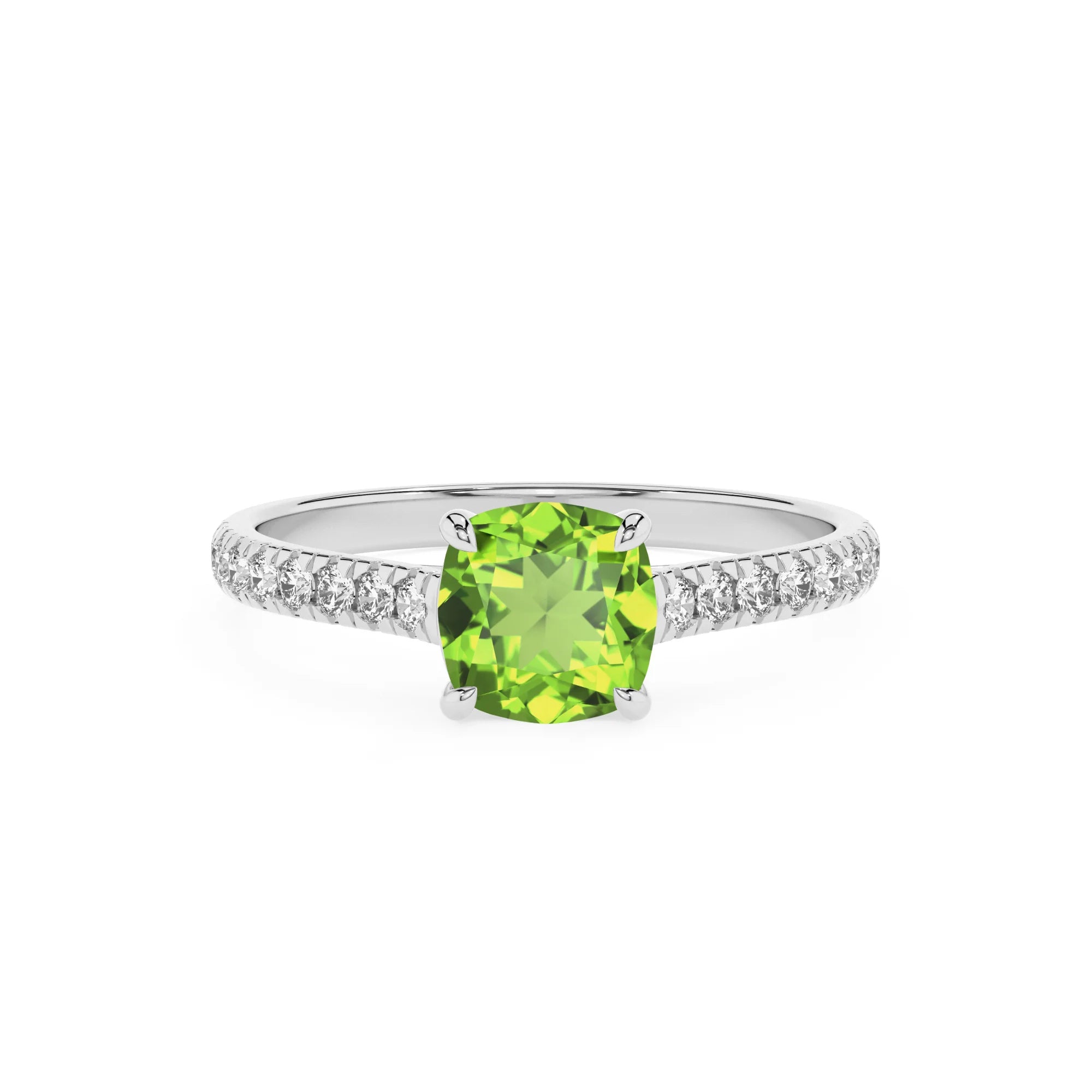 natural peridot cushion half eternity solitaire engagement rings in platinum 