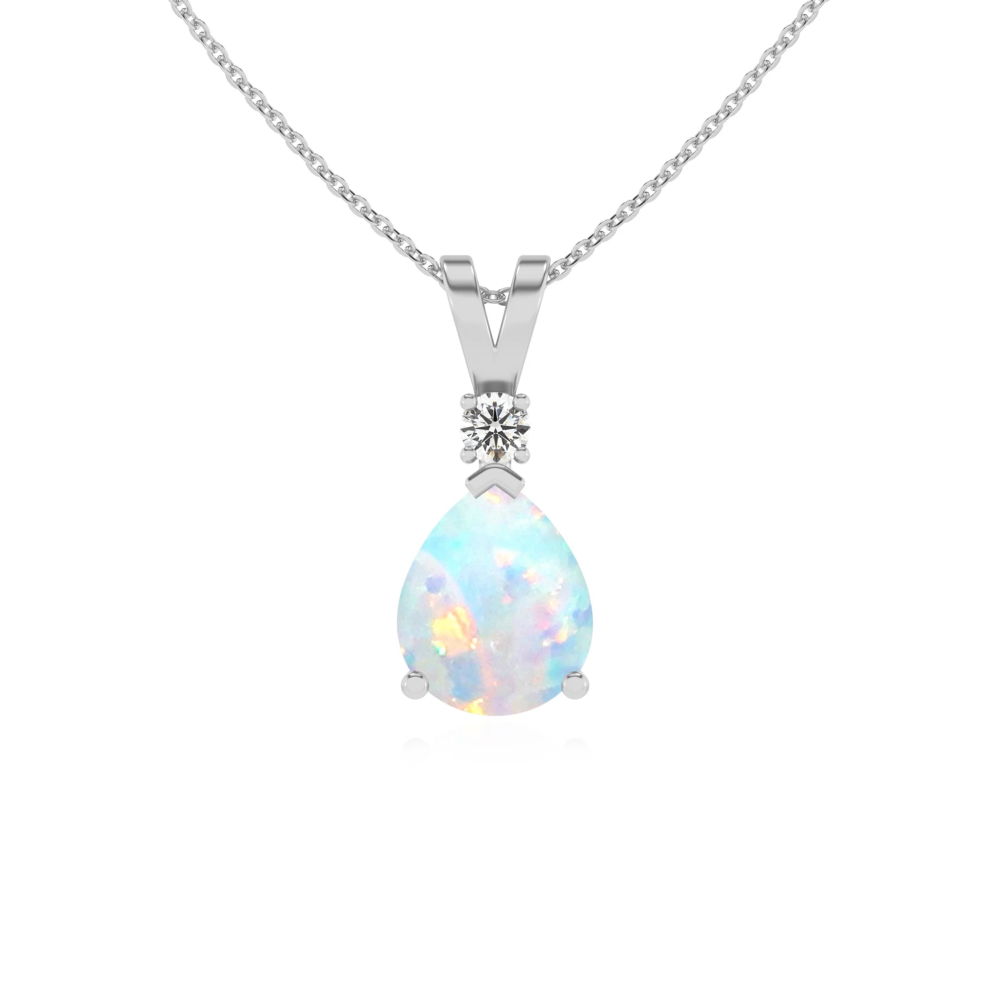 lab grown opal pear solitaire v-bale necklaces in sterling silver 