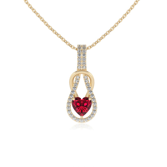 lab grown ruby heart infinity  v-bale necklaces in yellow gold 
